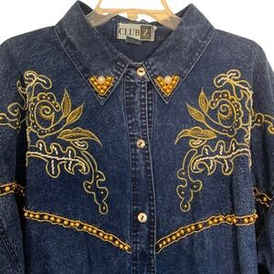 Vintage 1990s Club Z Womens 4X Denim Western Shirt Beaded Embroidered Bedazzled